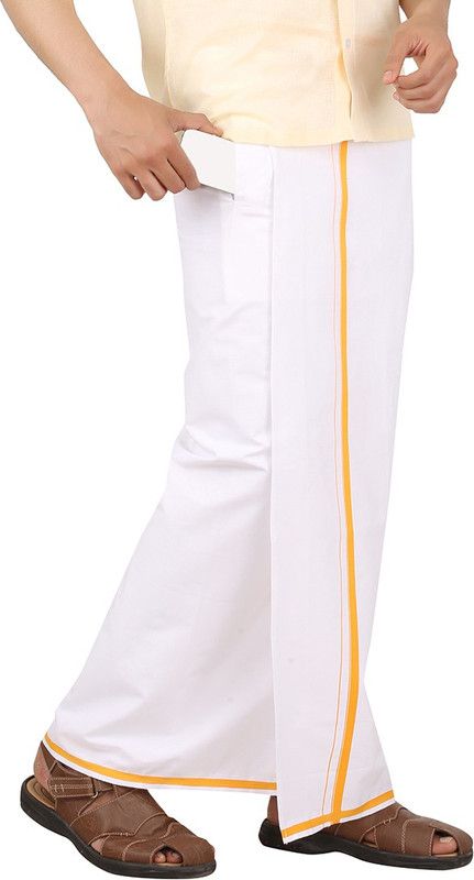 Prakasam Cotton Premium Quality Readymade Pocket -White Cotton With Orange Border Solid Men Dhoti