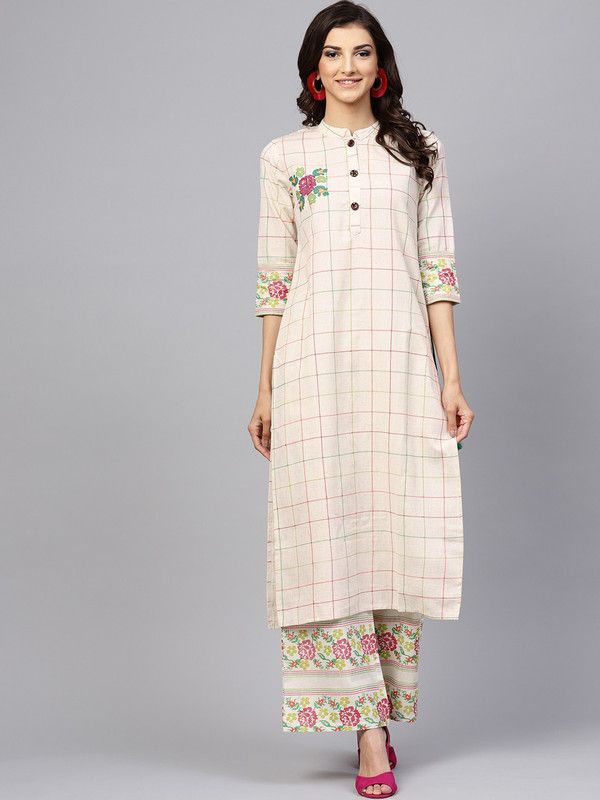Women Embroidered, Checkered Cotton Blend Straight Kurta  (White)