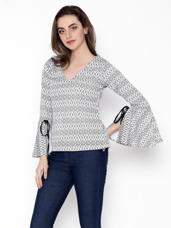 Casual Bell Sleeves Geometric Print Women White, Black Top