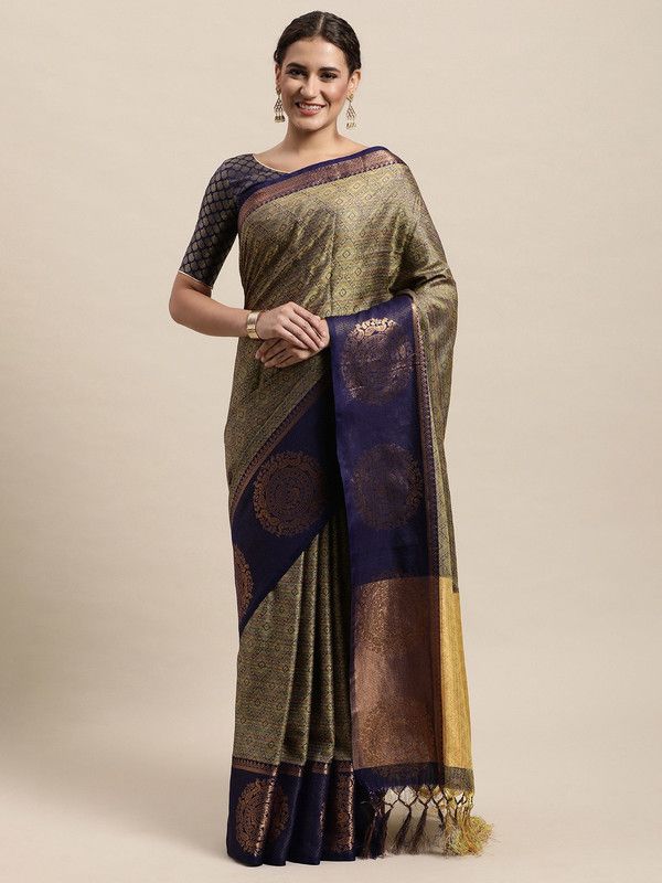 Woven Kovai Cotton Silk Saree  (Dark Blue)
