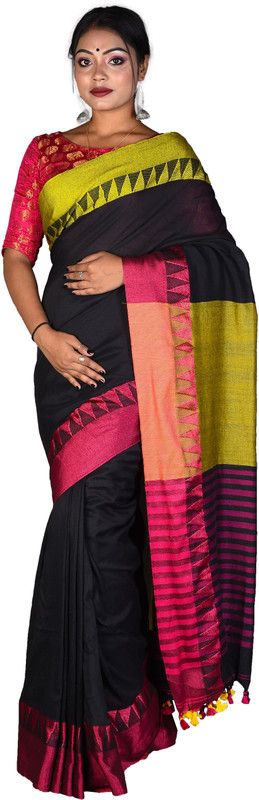 Temple Border Handloom Cotton Blend Saree  (Black)