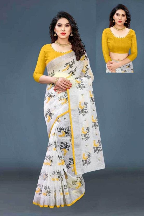Self Design Bollywood Linen Saree  (White)