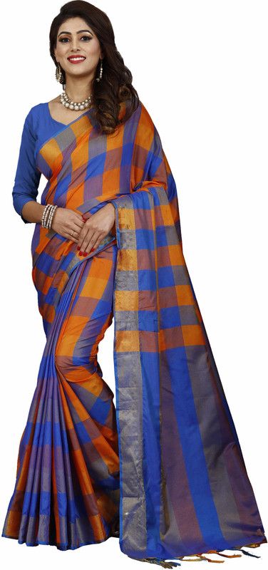 Self Design, Checkered Bollywood Cotton Silk Saree  (Orange)