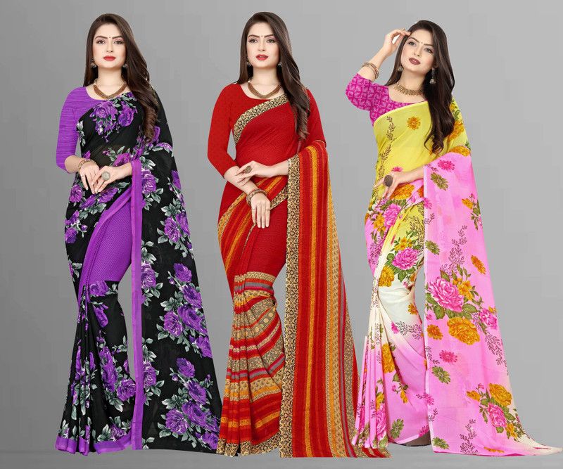 Daily Wear Georgette Saree  (Pack of 3, Red, Black, Yellow)