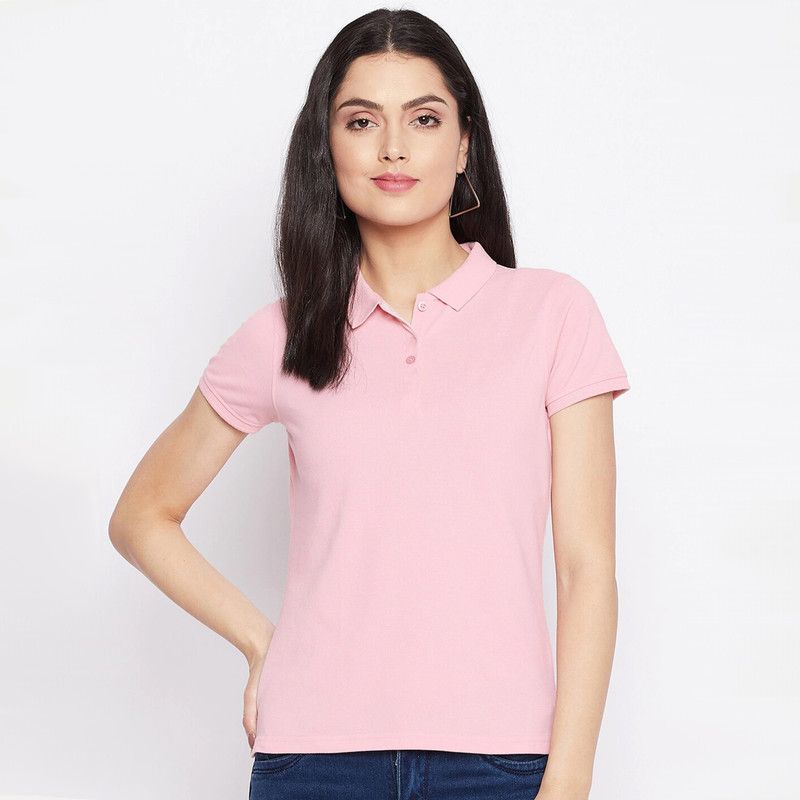 Women Solid Polo Neck Pure Cotton Pink T-Shirt