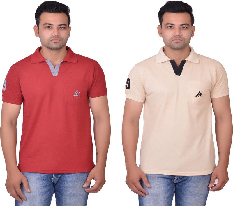 Solid Men Red, Beige T-Shirt  (Pack of 2)