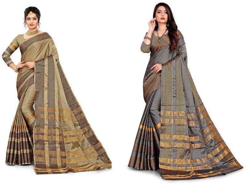 Striped Bollywood Cotton Silk Saree  (Pack of 2, Grey, Beige)
