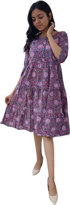 Women Printed Cotton Rayon A-line Kurta  (Purple)