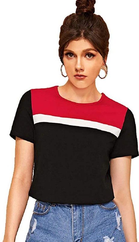 Fabricorn Women's T-Shirt (GT03_RedWhtBlk_S_Multicolored_Small) Women Printed Round Neck Cotton Blend Red, White, Black T-Shirt