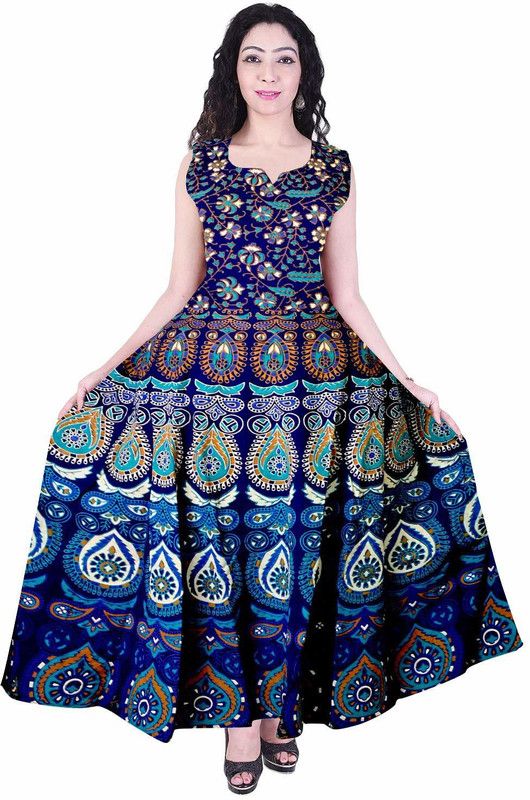Printed Cotton Blend Stitched Straight Gown  (Blue)