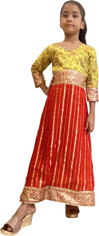 Girls Maxi/Full Length Festive/Wedding Dress  (Multicolor, 3/4 Sleeve)