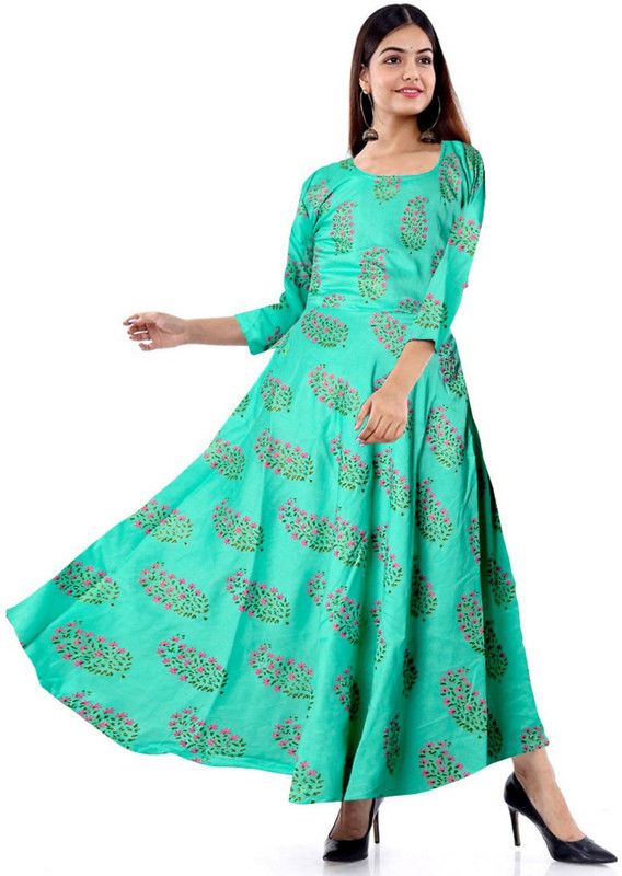 Printed Rayon Blend Stitched Flared/A-line Gown  (Green, Pink)