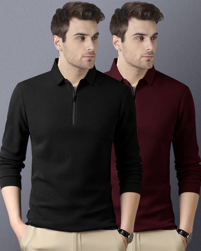 Pack of 2 Men Solid Polo Neck Cotton Blend Black, Maroon T-Shirt