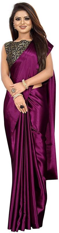 Solid/Plain Bollywood Silk Blend, Satin Saree  (Purple)