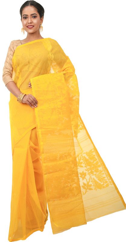 Woven, Embellished, Solid Jamdani Pure Cotton Saree  (Yellow)