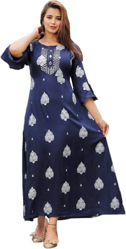 Women Printed Viscose Rayon Straight Kurta  (Silver, Blue)