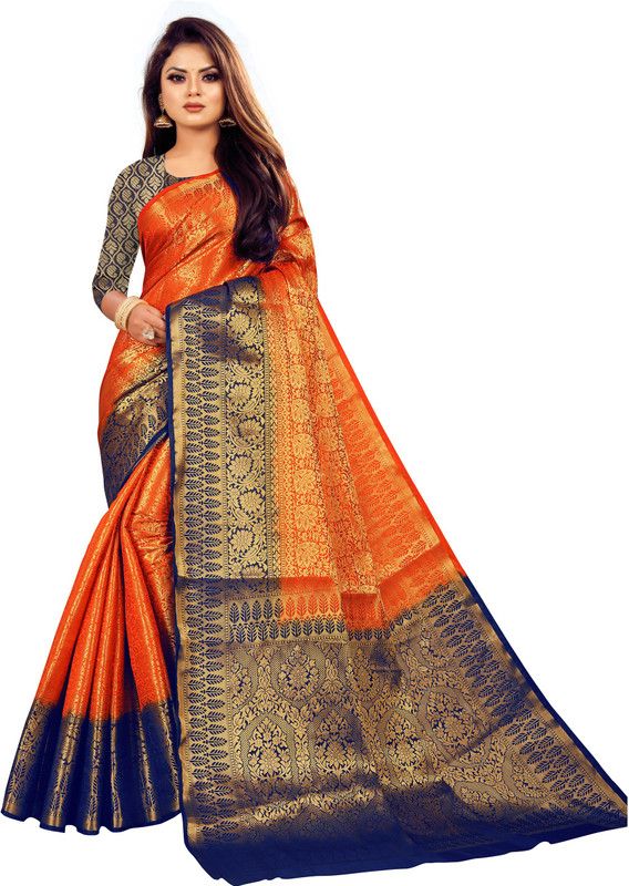 Self Design, Woven Kanjivaram Art Silk, Pure Cotton Saree  (Orange)