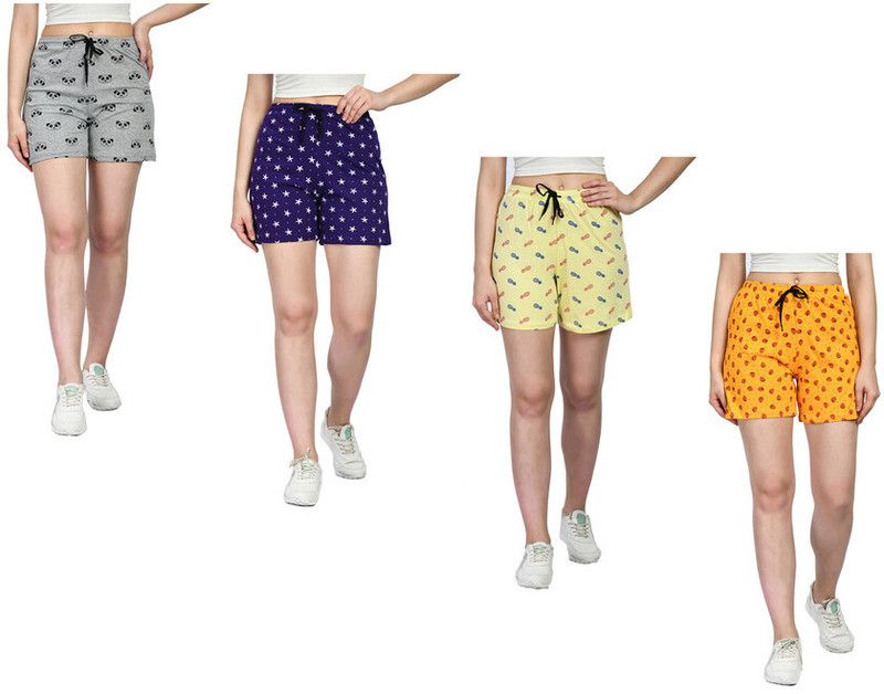 Pack of 4 Printed Women Grey, Yellow, Orange Regular Shorts