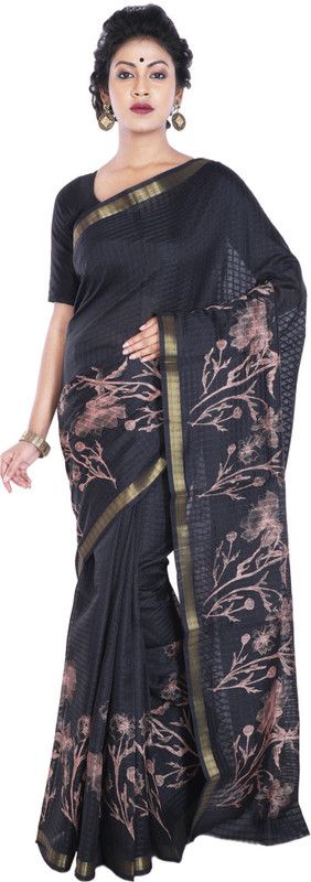 Printed Kota Doria Art Silk Saree  (Black)