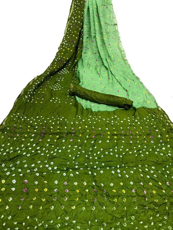 Bandhani Cotton Jute Saree  (Green, Light Green)