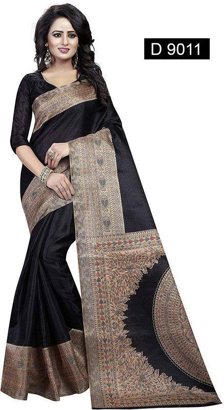 Printed Madhubani Jacquard Saree  (Black)