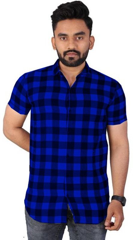 Men Regular Fit Printed, Checkered Button Down Collar Casual Shirt
