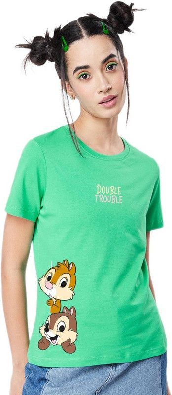 Women Cartoon Round Neck Cotton Blend Green T-Shirt