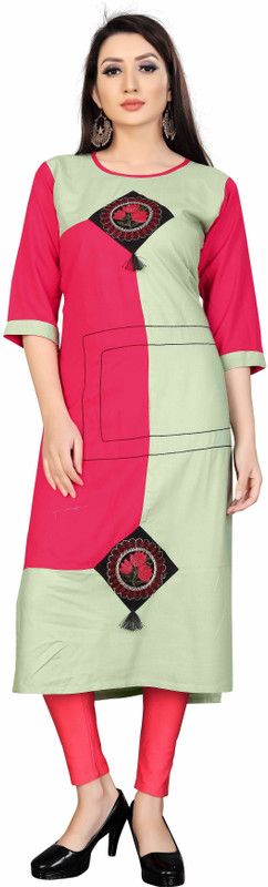 Women Embroidered Viscose Rayon Straight Kurta  (Green, Pink)