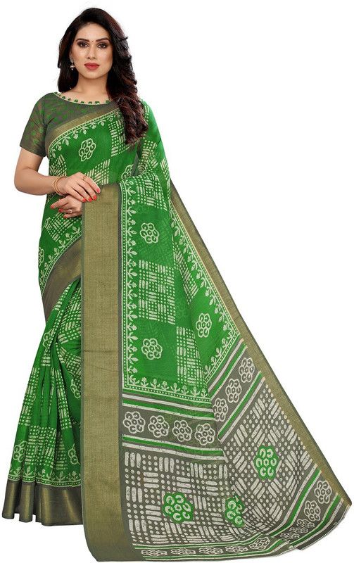 Printed Hand Batik Art Silk Saree  (Green)