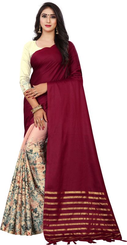 Floral Print Bollywood Cotton Blend Saree  (Maroon)