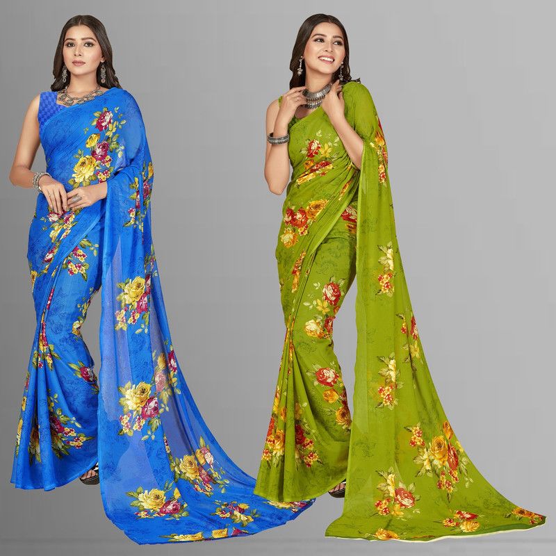 Printed Daily Wear Georgette Saree  (Pack of 2, Blue, Green)