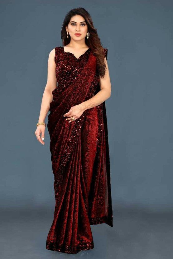 Floral Print Bollywood Velvet Saree  (Maroon)