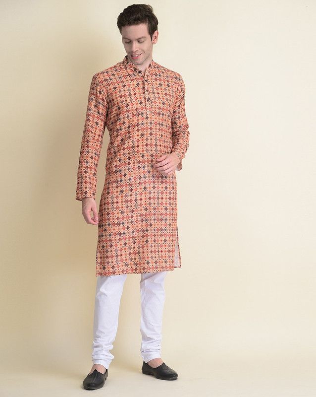 Men Geometric Print, Floral Print Cotton Blend Straight Kurta  (Pink)