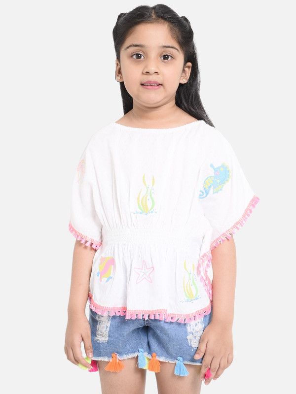Girls Casual Rayon Kaftan Top  (White, Pack of 1)