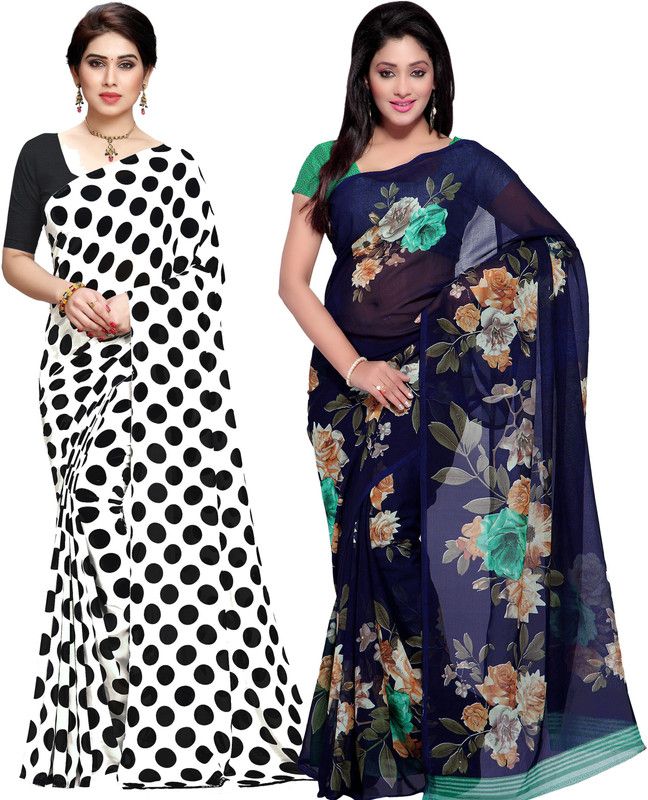 Daily Wear Georgette Saree  (Pack of 2, Dark Blue, White)