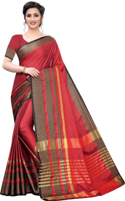 Geometric Print, Striped, Self Design, Printed Mysore Cotton Silk Saree  (Red)