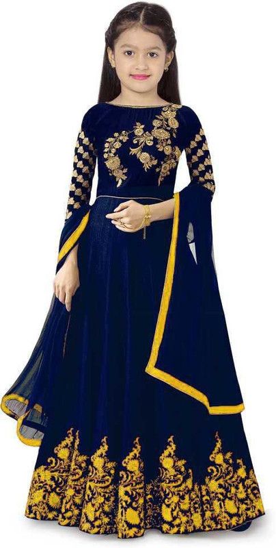 Embroidered Satin Stitched Anarkali Gown  (Yellow)