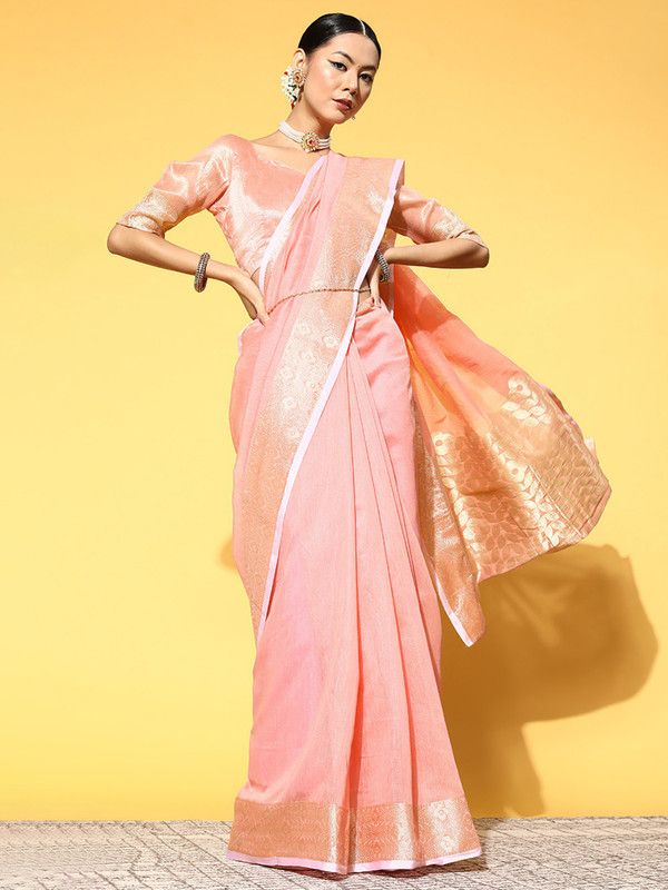 Floral Print Banarasi Linen Saree  (Pink)