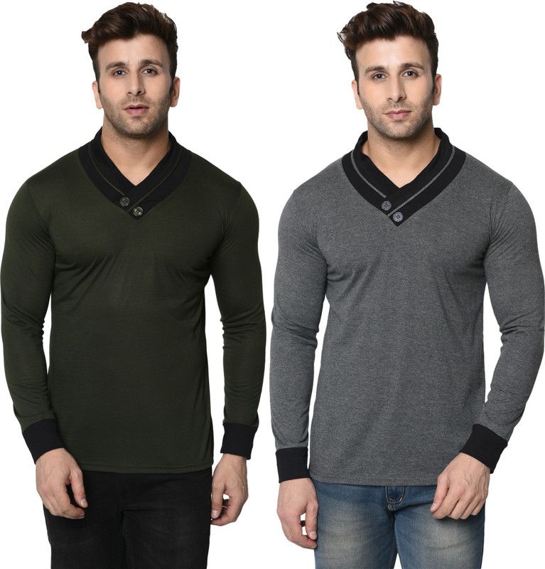 Pack of 2 Shawl Neck Combo Men Colorblock Shawl Neck Cotton Blend Dark Green, Grey T-Shirt