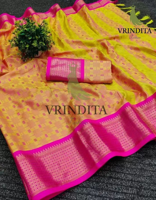 Woven Banarasi Art Silk, Cotton Silk Saree  (Cream, Yellow)