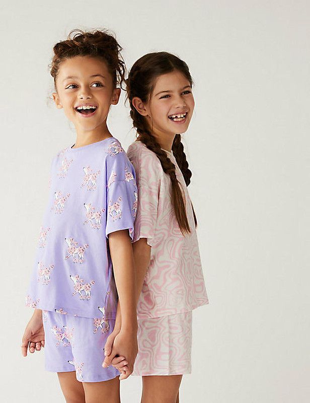 Girls Printed Cotton Blend Kids Nightwear  (Pink Pack of 2)