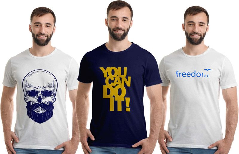 Pack of 3 Men Graphic Print Round Neck Pure Cotton Dark Blue, White T-Shirt