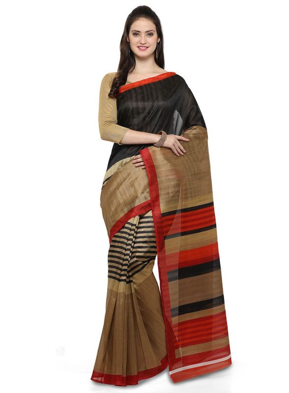 Printed Bhagalpuri Art Silk Saree  (Brown, Black)