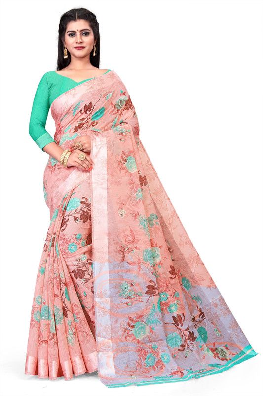Floral Print Daily Wear Cotton Linen Saree  (Brown)