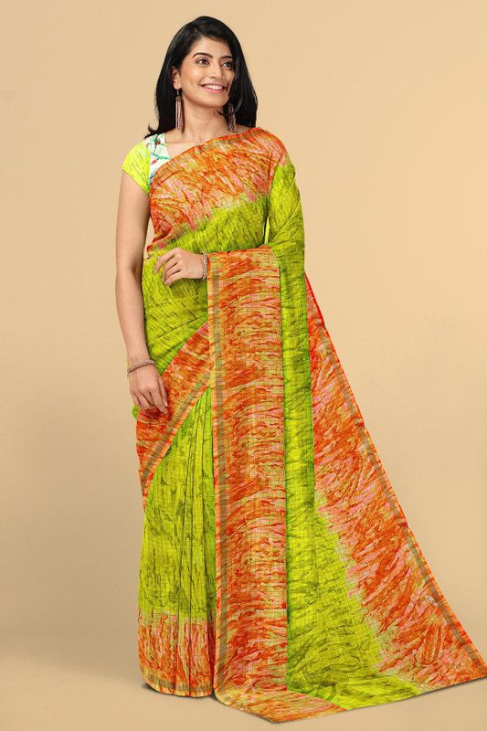 Digital Print Daily Wear Cotton Jute Saree  (Light Green)