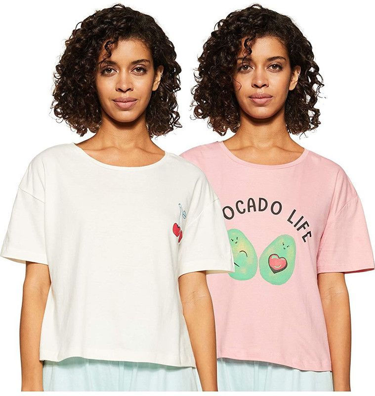 Pack of 2 Women Solid Round Neck Pure Cotton White, Pink T-Shirt