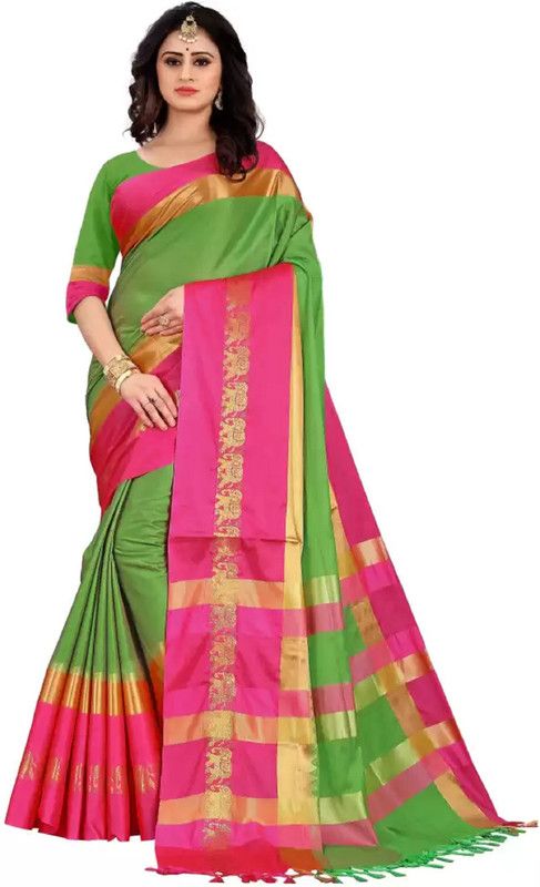 Woven Banarasi Cotton Blend Saree  (Pink, Green)