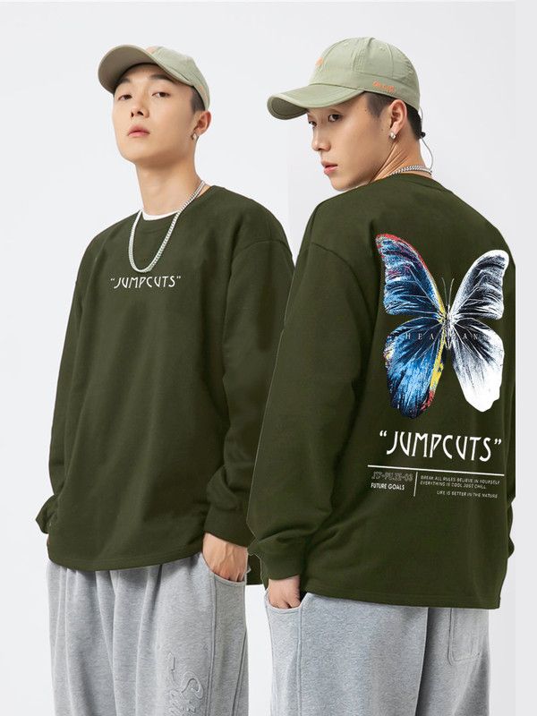 Men Graphic Print Round Neck Cotton Blend Dark Green, White T-Shirt