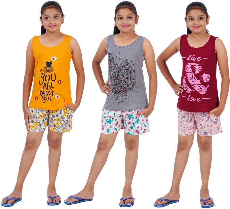 Girls Graphic Print Pure Cotton Kids Nightwear  (Multicolor Pack of 3)