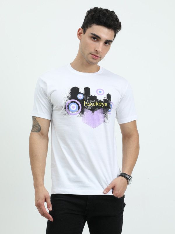 Hawkeye Men Printed Round Neck Pure Cotton White T-Shirt
